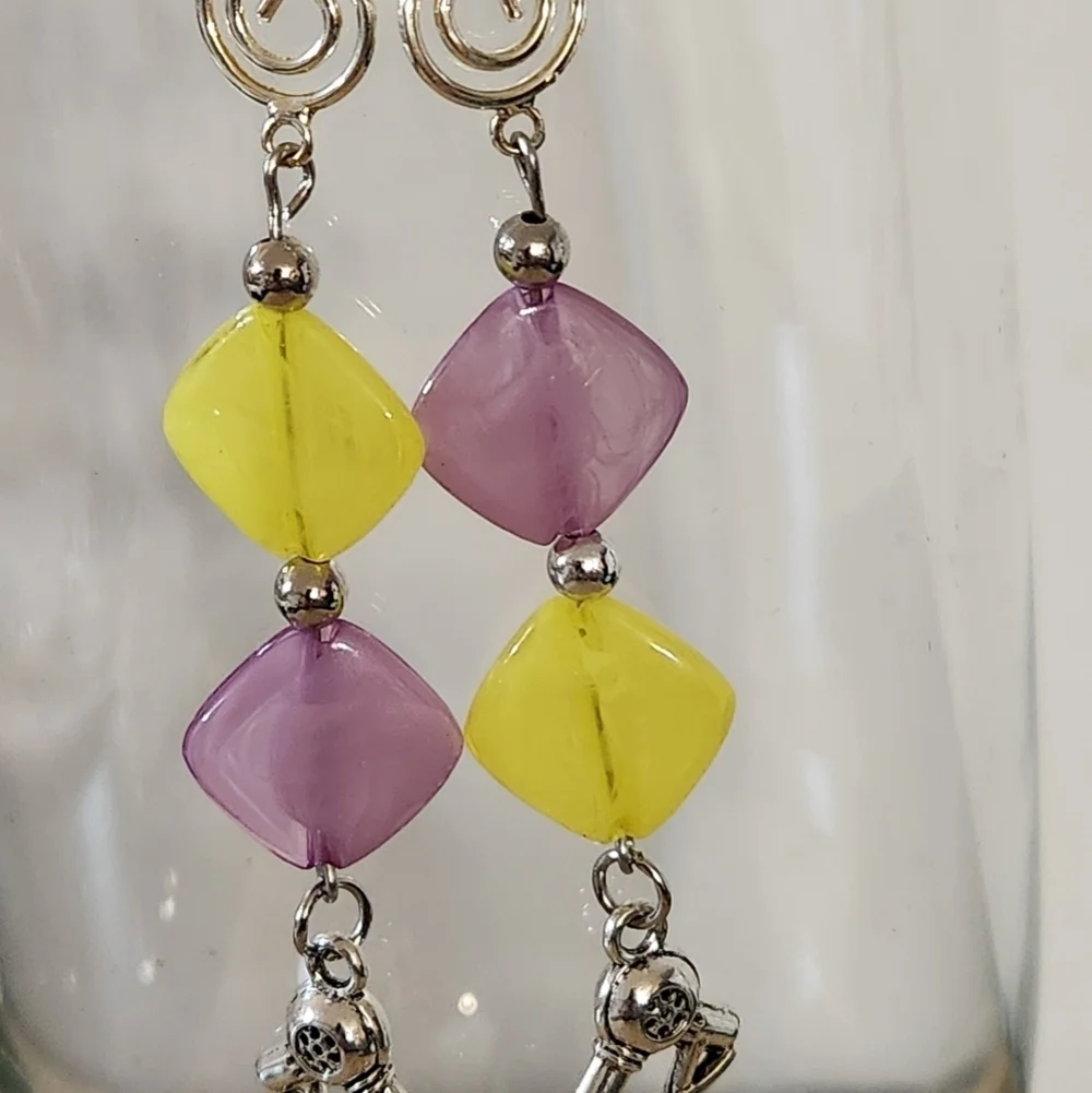 Lavender and Yellow Bead Earrings With Silver Blow Dryer And Scissors Charm
